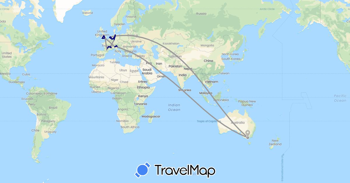 TravelMap itinerary: driving, plane in United Arab Emirates, Australia, Germany, France, United Kingdom, Italy, Netherlands (Asia, Europe, Oceania)